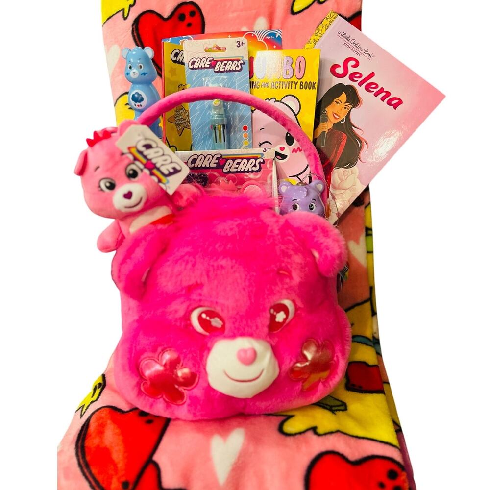 Care Bear bundle adorable 50 by 70 eating Pizza ,pink plush ,Carebear basket